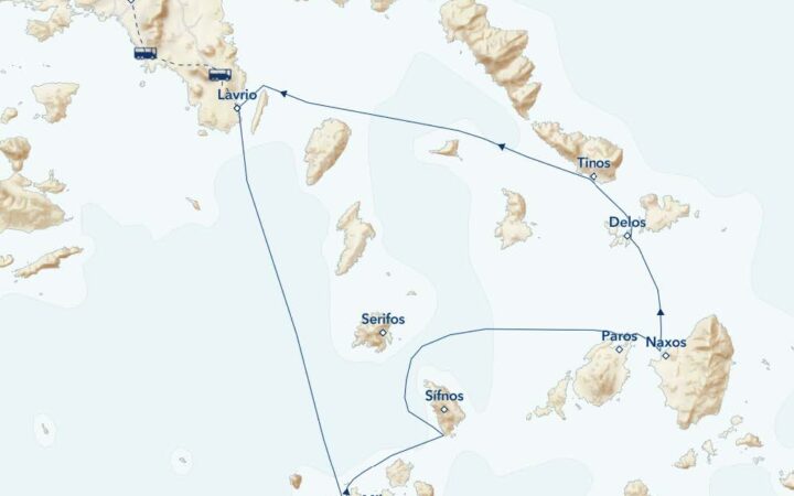 Route map of Greek Isles Odyssey: Mythology, History & Cerulean Seas small ship cruise round-trip from Lavrio with overland transfers linking Athens.