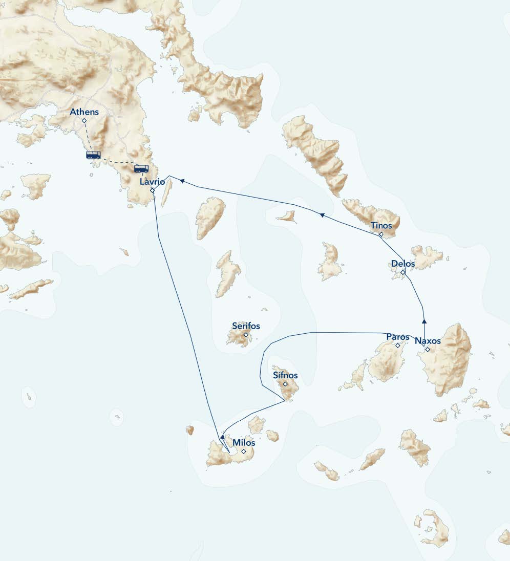 Route map of Greek Isles Odyssey: Mythology, History & Cerulean Seas small ship cruise round-trip from Lavrio with overland transfers linking Athens.