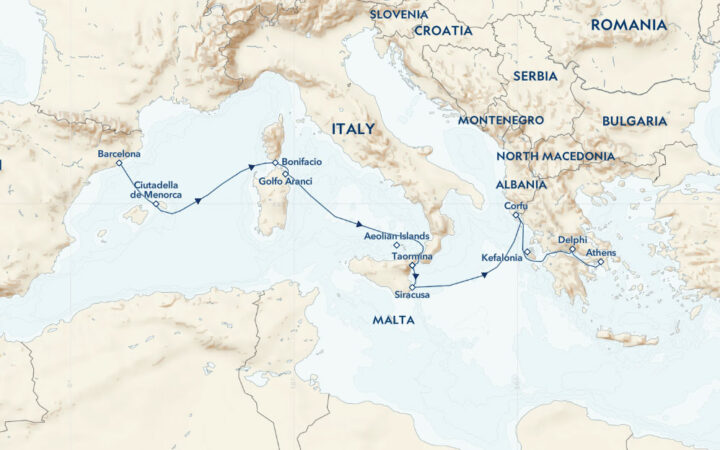 Route map of eastbound Mediterranean Wonders cruise, from Barcelona, Spain to Athens, Greece with visits to Menorca, Corsica, Sardinia, Sicily & more.