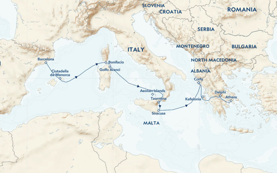 Route map of eastbound Mediterranean Wonders cruise, from Barcelona, Spain to Athens, Greece with visits to Menorca, Corsica, Sardinia, Sicily & more.
