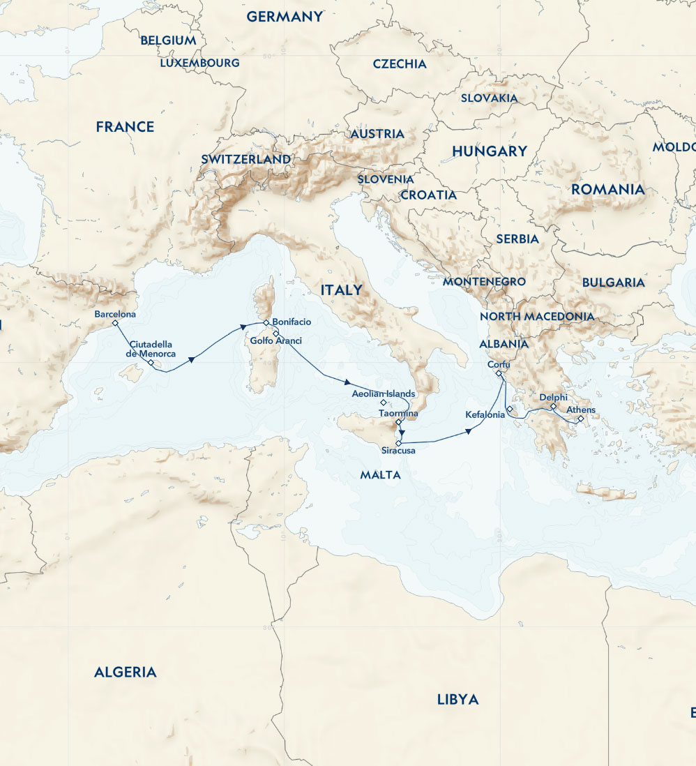 Route map of eastbound Mediterranean Wonders cruise, from Barcelona, Spain to Athens, Greece with visits to Menorca, Corsica, Sardinia, Sicily & more.