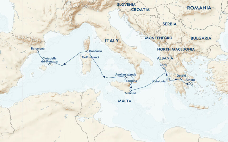 Route map of westbound Mediterranean Wonders cruise, from Athens, Greece to Barcelona, Spain with visits to Menorca, Corsica, Sardinia, Sicily & more.