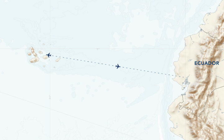 Route map of National Geographic Galapagos by Catamaran cruise, showing flight path from mainland Ecuador to the islands.