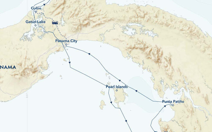 Northbound itinerary map outlining The Panama Canal, Pearl Islands & Darién Jungle cruise embarking in Port Balboa & disembarking in Colón.
