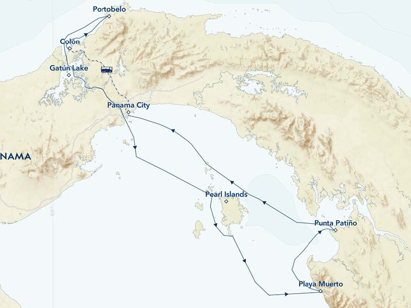 Northbound itinerary map outlining The Panama Canal, Pearl Islands & Darién Jungle cruise embarking in Port Balboa & disembarking in Colón.