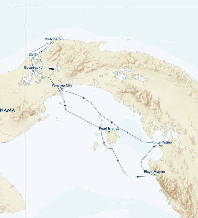 Northbound itinerary map outlining The Panama Canal, Pearl Islands & Darién Jungle cruise embarking in Port Balboa & disembarking in Colón.