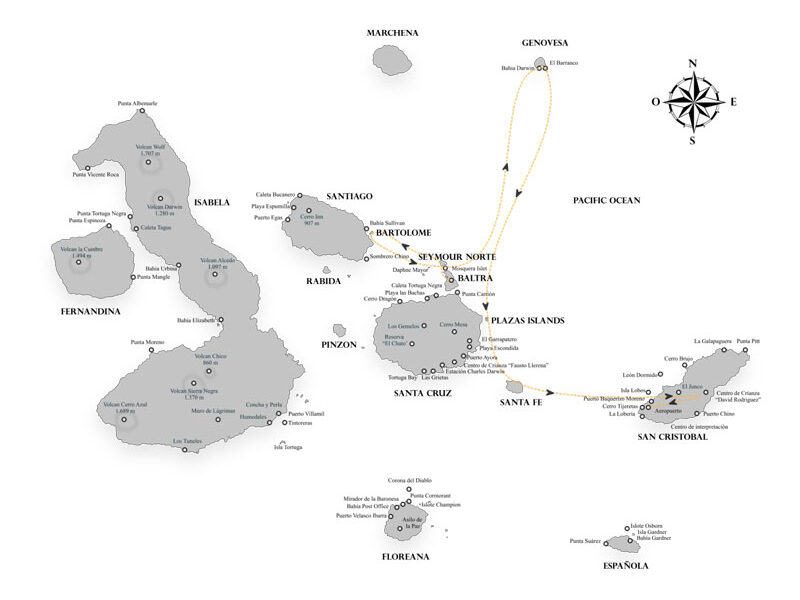 Seaman Journey Galapagos cruise route map with visits to Baltra, Bartolome, Genovesa, North & South Plazas, Santa Fe & San Cristobal.