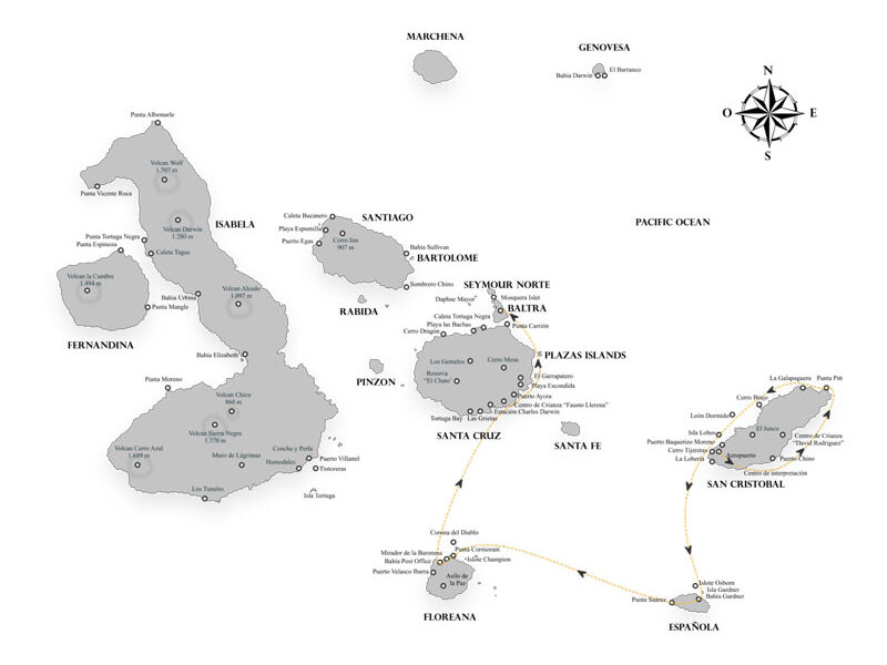 Seaman Journey Galapagos cruise route map with visits to Baltra, Santa Cruz, Floreans, Espanola & San Cristobal.