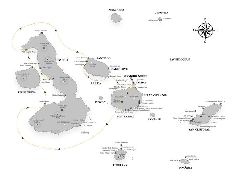 Galapagos cruise route map showing visits to Baltra, Santa Cruz, Fernandina, Isabela, Santiago, Rabida & Chinese Hat islands.
