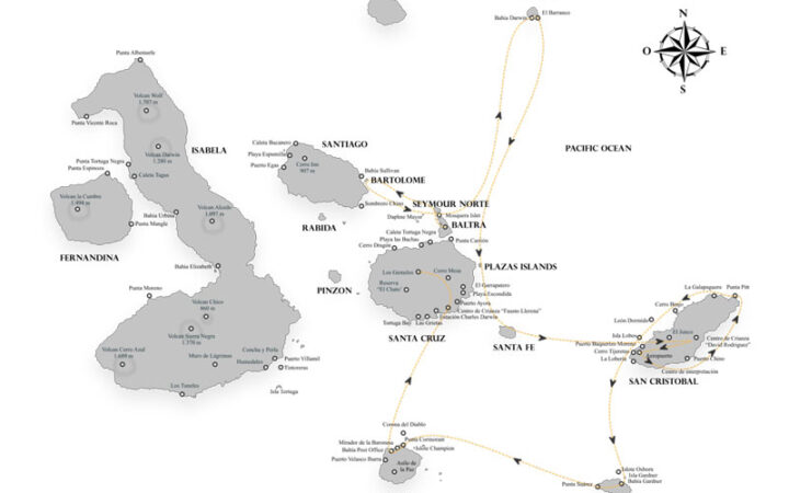 Galapagos cruise route map showing visits to Baltra, Bartolome, Seymour, Genovesa, Plazas, Santa Fe, San Cristobal, Espanola, Floreana and Santa Cruz islands.