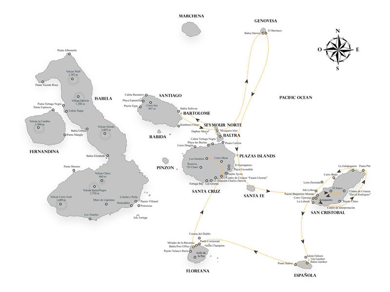 Galapagos cruise route map showing visits to Baltra, Bartolome, Seymour, Genovesa, Plazas, Santa Fe, San Cristobal, Espanola, Floreana and Santa Cruz islands.