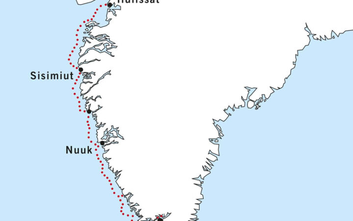 Route map of South Greenland cruise southbound from Ilulissat to Narsarsuaq with the cruise route shown.