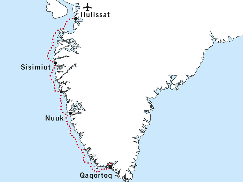 Route map of South Greenland cruise southbound from Ilulissat to Narsarsuaq with the cruise route shown.