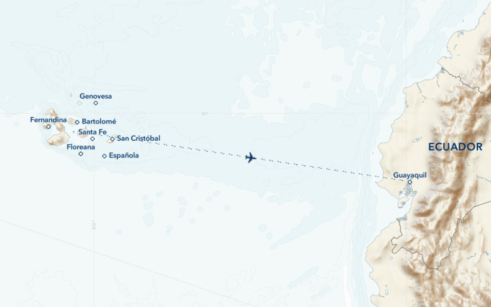 Ultimate Galapagos Holiday Voyage route map showing Quito & Guayaquil, Ecuador with a flight line to the islands.