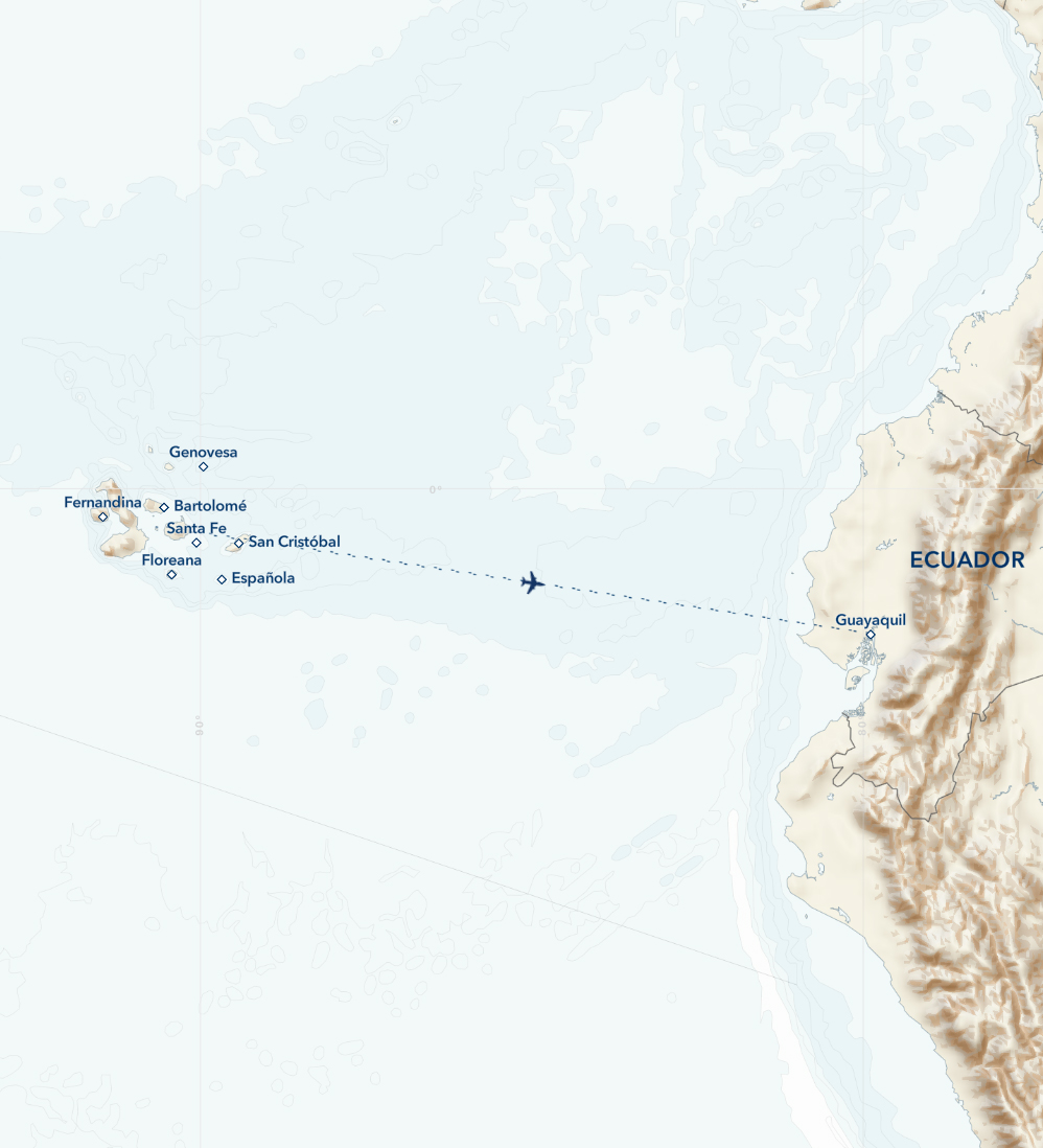 Ultimate Galapagos Holiday Voyage route map showing Quito & Guayaquil, Ecuador with a flight line to the islands.
