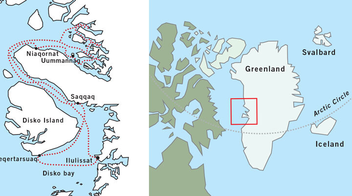 Route map of West Greenland Disko Bay to Uummannaq cruise, round-trip from Ilulissat along mid-coast West Greenland.