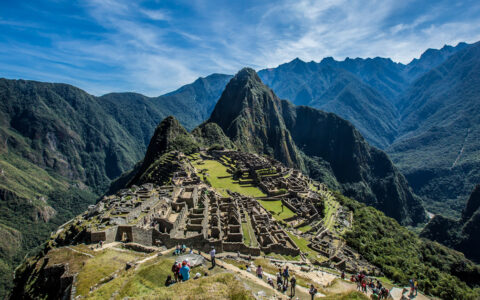 areil landscape views of machu picchu mountains on a bright sunny day
