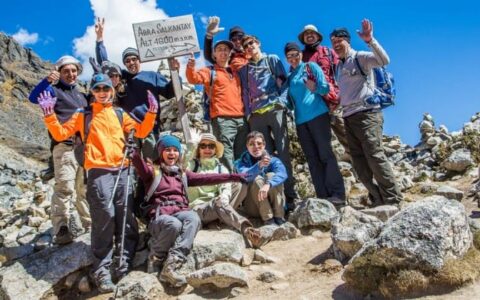 group shot of hikers on salkantay trek to machu picchu peru land tour