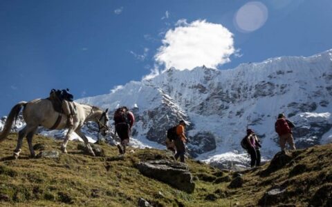 several hikers and a horse approach ridge on salkantay trek to machu picchu