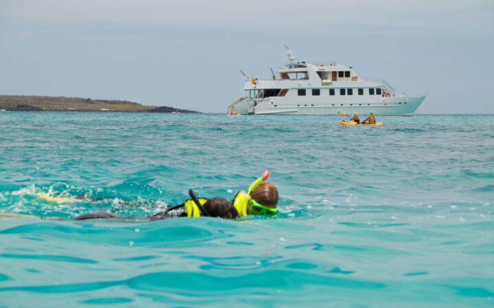 2 Galapagos travelers snorkel in turquoise water as 2 more paddle a yellow kayak in front of Seaman Journey white catamaran.