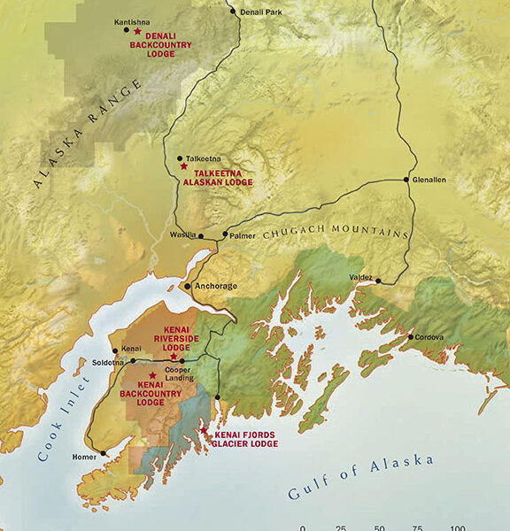 Route map of 12-day Alaska Grand Adventure land tour, operating roundtrip from Anchorage, Alaska, with visits to Kenai Fjords National Park, Seward, the Kenai National Wildlife Refuge, Talkeetna & Denali National Park.
