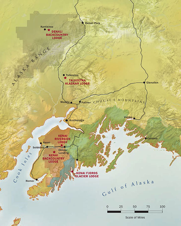 Route map of 12-day Alaska Grand Adventure land tour, operating roundtrip from Anchorage, Alaska, with visits to Kenai Fjords National Park, Seward, the Kenai National Wildlife Refuge, Talkeetna & Denali National Park.