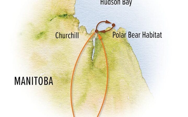 Route map of 6- & 7-day Classic Polar Bear & Tundra Lodge Adventures, including photo departures, operating round-trip from Winnipeg, Manitoba, Canada, with visits to polar bear habitat near Churchill and Hudson Bay.