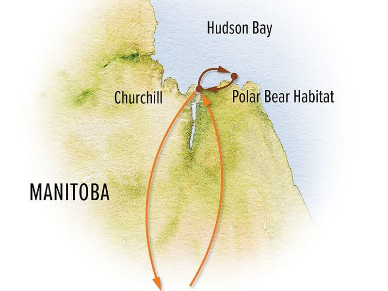 Route map of 6- & 7-day Classic Polar Bear & Tundra Lodge Adventures, including photo departures, operating round-trip from Winnipeg, Manitoba, Canada, with visits to polar bear habitat near Churchill and Hudson Bay.