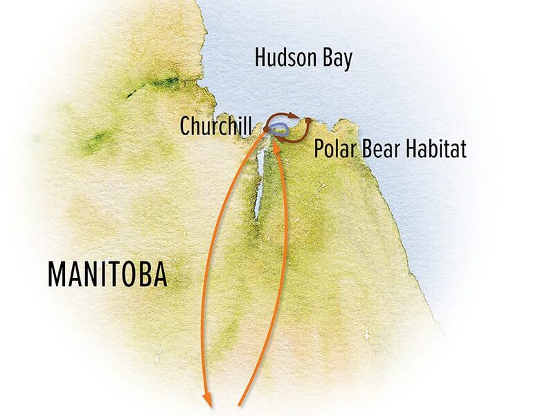 Route map of 7-day Ultimate Churchill Polar Bear Adventure, operating round-trip from Winnipeg, Manitoba, Canada, with visits to polar bear habitat near Churchill and Hudson Bay.