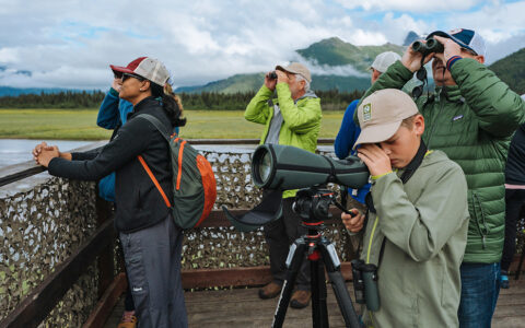 Guests enjoy a look out view of bears in Alaska at the Alaska Bear Camp