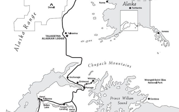 Route map of Alaska Coast to Denali Journey, operating round-trip from Anchorage with visits to the Kenai, Talkeetna & Denali NP.