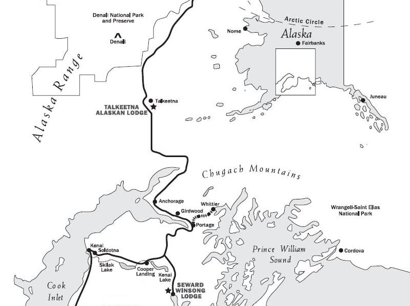 Route map of Alaska Coast to Denali Journey, operating round-trip from Anchorage with visits to the Kenai, Talkeetna & Denali NP.