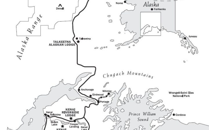 Route map of Alaska Grand Adventure land tour, operating roundtrip from Anchorage, Alaska, with visits to Kenai Fjords National Park, Seward, the Kenai National Wildlife Refuge, Talkeetna & Denali National Park.