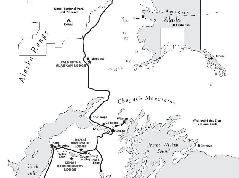 Route map of Alaska Grand Adventure land tour, operating roundtrip from Anchorage, Alaska, with visits to Kenai Fjords National Park, Seward, the Kenai National Wildlife Refuge, Talkeetna & Denali National Park.