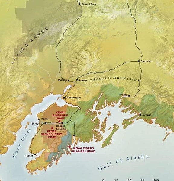 Route map of Alaska Wildland Collection land tour, operating round-trip from Anchorage, with activities in Kenai Fjords National Park including river rafting, Kenai National Wildlife Refuge exploration, Chugach National Forest activities and time spent in Seward.