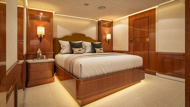 Bedroom of Owner's Suite #104 on Aqua Lares superyacht with double bed, beige carpet, wood panels & accent lighting.