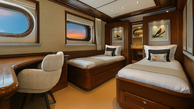 Suite #202 on Aqua Lares Africa superyacht with 2 twin beds, beige & dark wood accents, view windows, desk & soft lights.