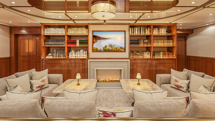 Main saloon on Aqua Lares Africa yacht with wrapround beige couches, marble coffee tables, flit fireplace & wood bookshelves.