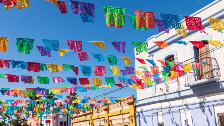Todos Santos, Baja California Sur, Mexico. Festive colorful banners over a street in Todos Santos.