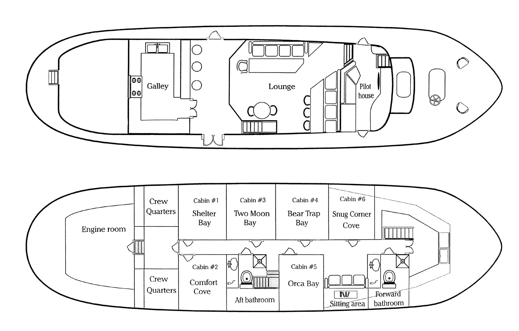 Deck plan of 12-guest MV Discovery showing 6 named cabins on lower deck & lounge, galley & pilot house on main deck.