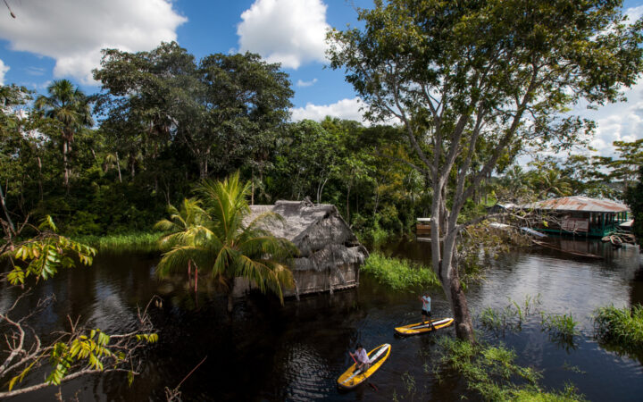 travelers paddleboard around a jungle village visited on the delfin iii amazon river cruise trip