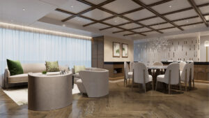 A modern, spacious interior aboard Grand Ocean Spray with a high, patterned ceiling featuring recessed lighting, light-colored wall