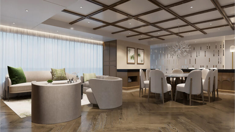 A modern, spacious interior aboard Grand Ocean Spray with a high, patterned ceiling featuring recessed lighting, light-colored wall