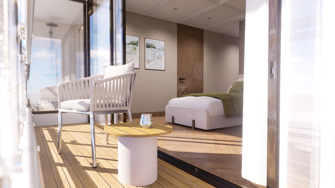 A modern suite aboard grand ocean spray with twin beds featuring white and green bedding, a dark wood headboard, and a bright window with a view