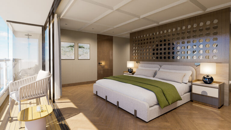 A modern suite aboard grand ocean spray with a large bed featuring white and green bedding, a dark wood headboard, and a bright window with a view