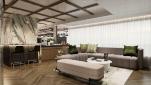 A modern bar and, spacious interior aboard Grand Ocean Spray with a high, patterned ceiling
