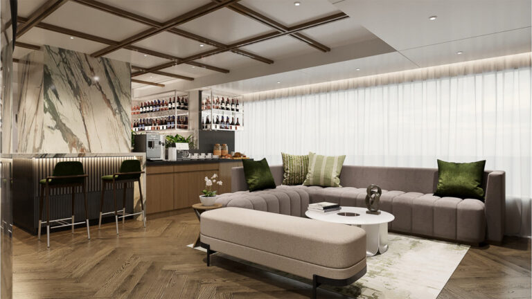 A modern bar and, spacious interior aboard Grand Ocean Spray with a high, patterned ceiling