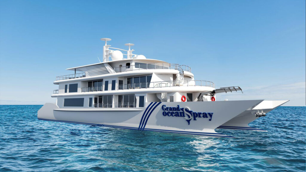 Grand Ocean Spray a small ship galapagos cruise ship cruising through the Galapagos waters