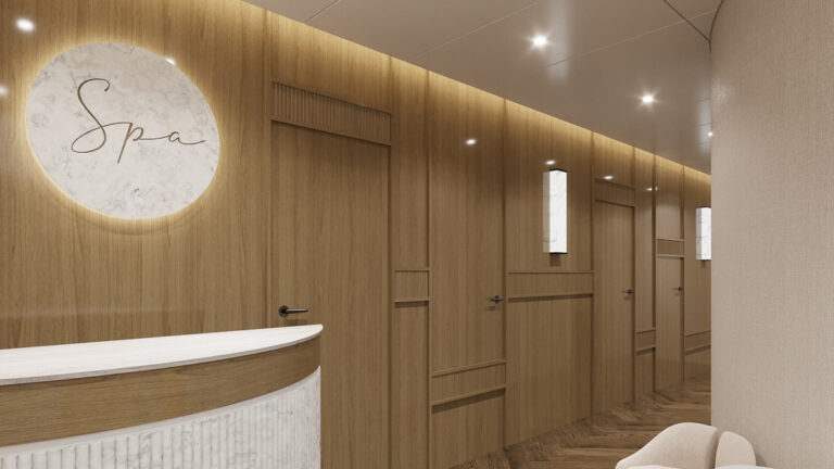 spa aboard a small ship cruise, Grand Ocean Spray, with wooden walls and modern lighting and design