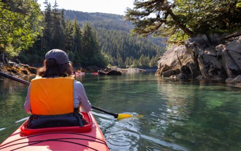View from behind woman paddling a red kayak in calm waters among rocky tree-lined shore in Alaska.